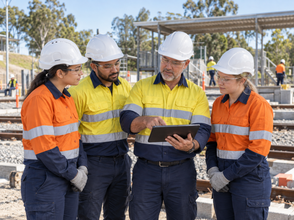 Vocational trainer guiding civil and rail infrastructure trainees during practical workplace training